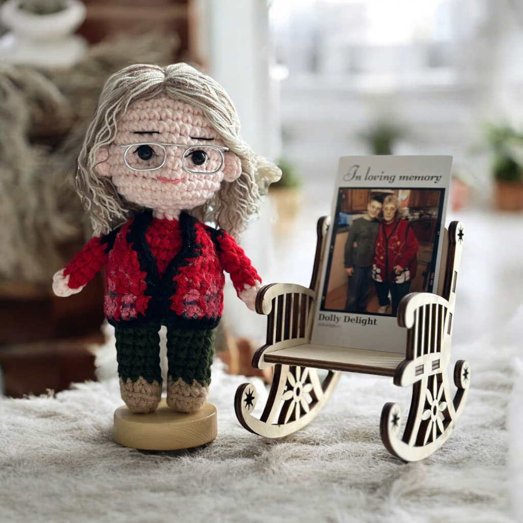 Personalized Memorial Crochet Doll Keepsake with LED Display Box & Photo Card