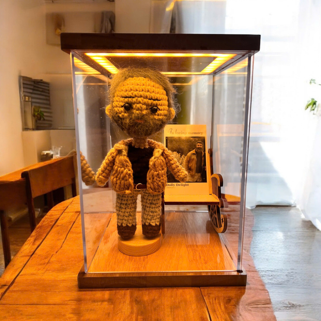 Personalized Memorial Crochet Doll Keepsake with LED Display Box & Photo Card