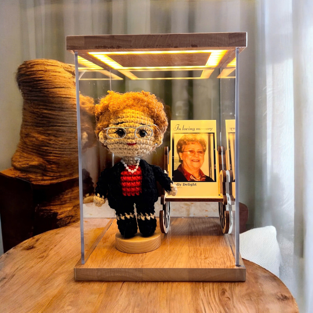 Personalized Memorial Crochet Doll Keepsake with LED Display Box & Photo Card