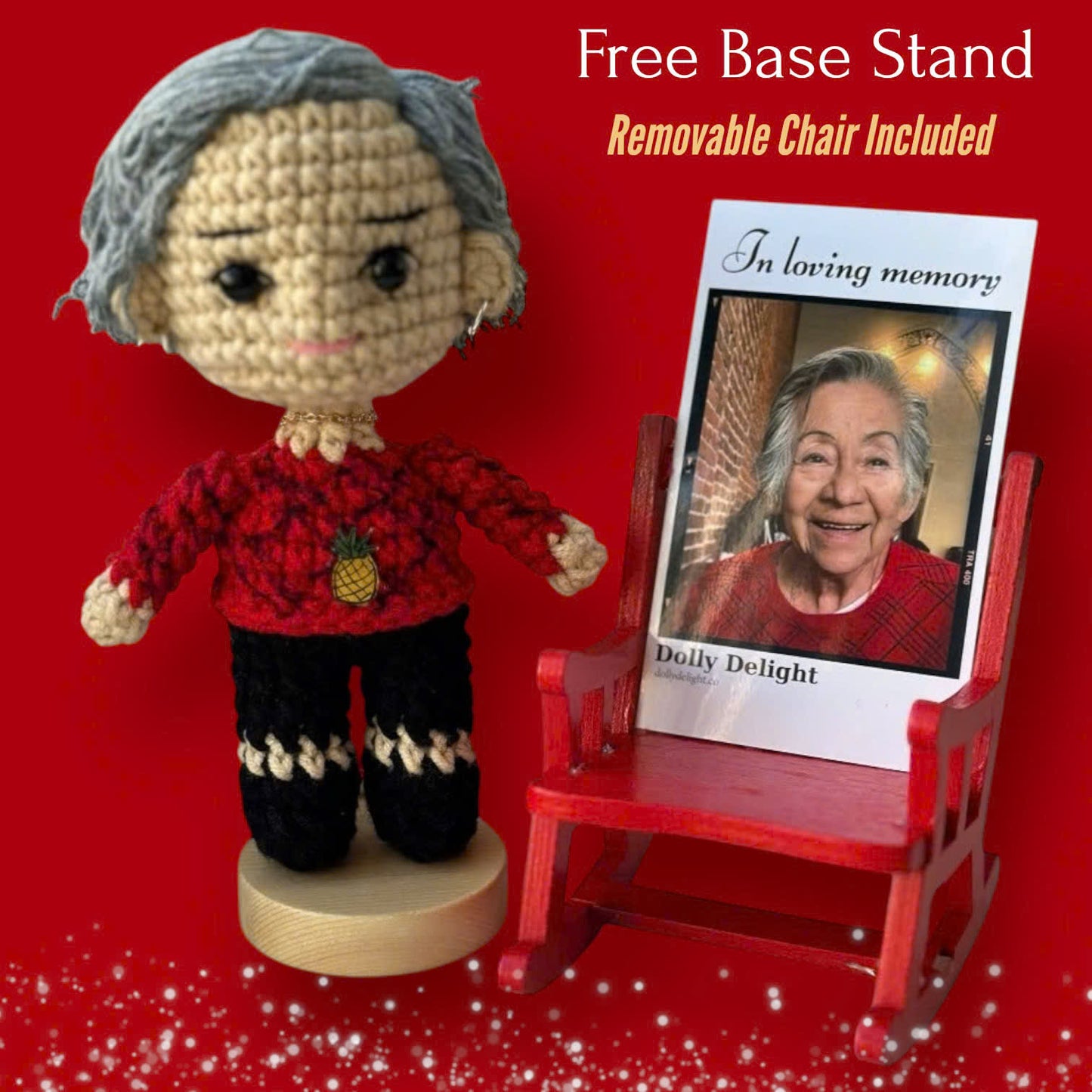 Dolly® Personalized Crochet Doll: Memorial Rocking Chair & Photo Card Edition