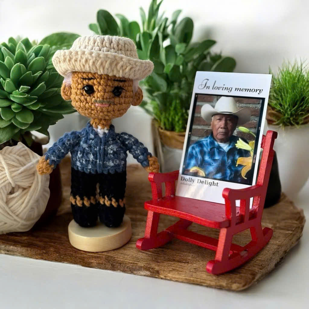 Dolly® Personalized Crochet Doll: Memorial Rocking Chair & Photo Card Edition