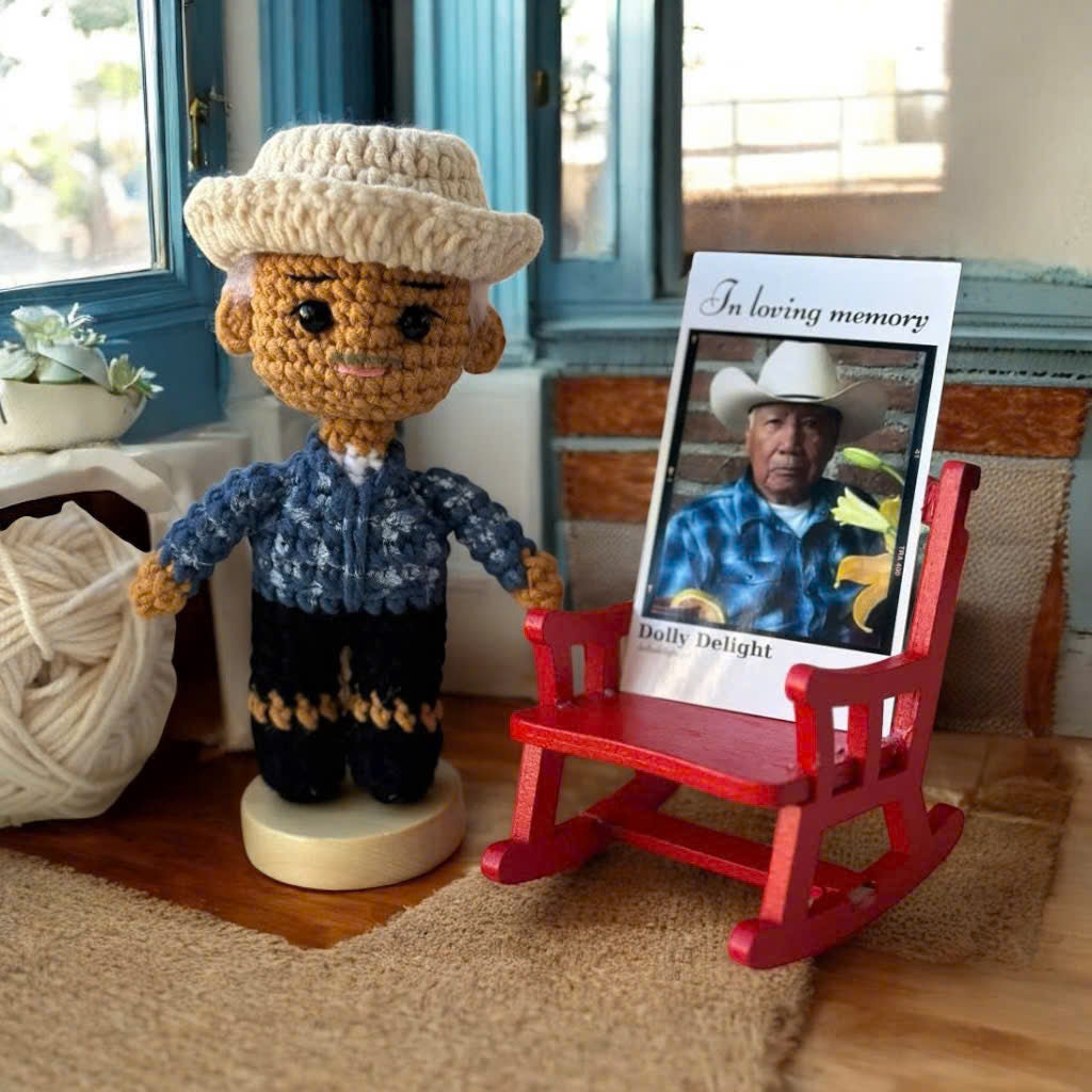 Dolly® Personalized Crochet Doll: Memorial Rocking Chair & Photo Card Edition