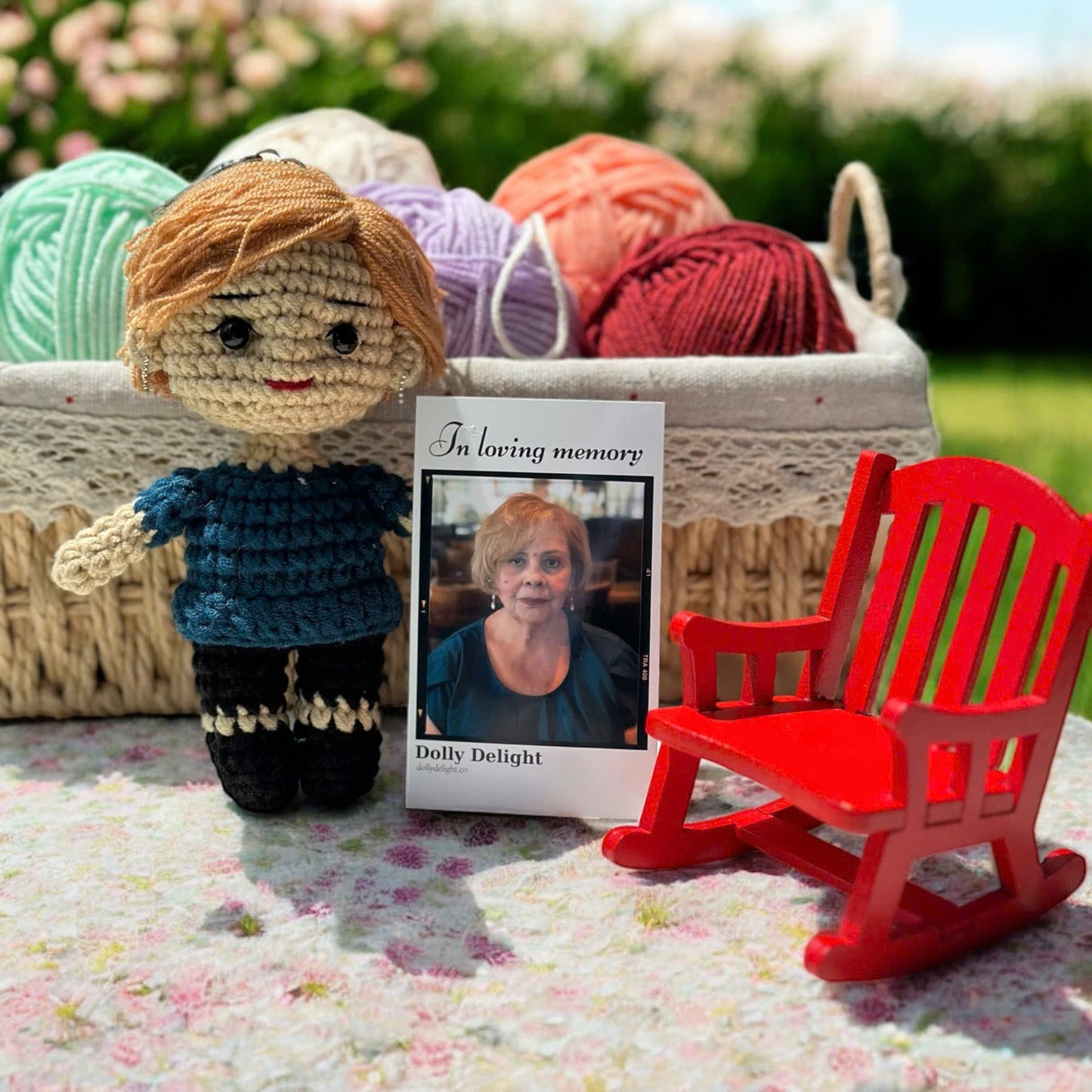 Dolly® Personalized Crochet Doll: Memorial Rocking Chair & Photo Card Edition