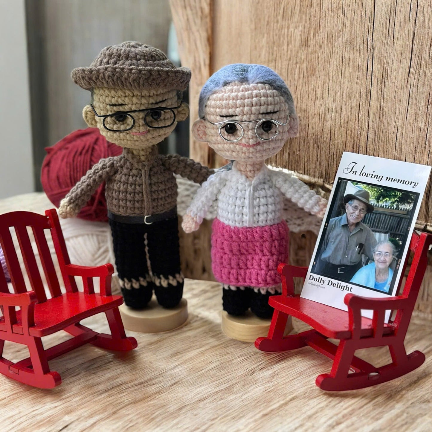 Dolly® Personalized Crochet Doll: Memorial Rocking Chair & Photo Card Edition