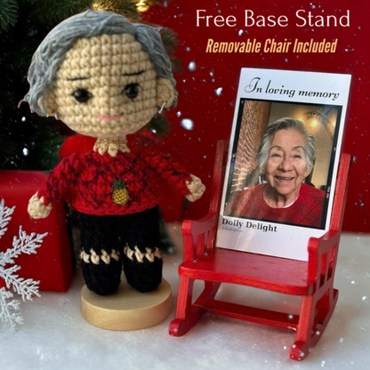 Dolly® Personalized Crochet Doll: Memorial Rocking Chair & Photo Card Edition