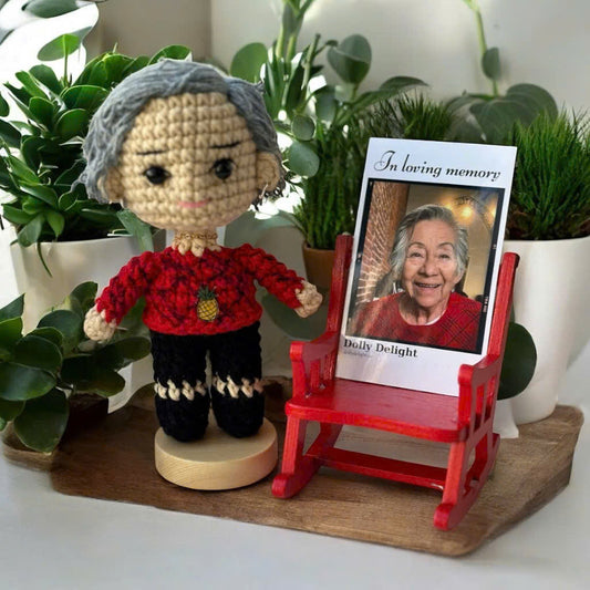 Dolly® Personalized Crochet Doll: Memorial Rocking Chair & Photo Card Edition