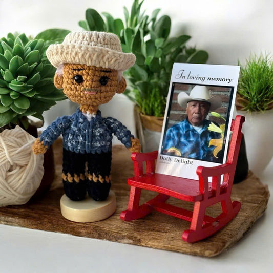 Dolly® Personalized Crochet Doll: Memorial Rocking Chair & Photo Card Edition