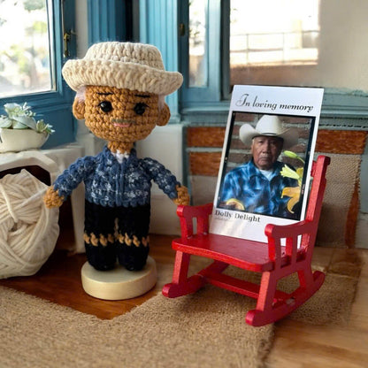 Dolly® Personalized Crochet Doll: Memorial Rocking Chair & Photo Card Edition