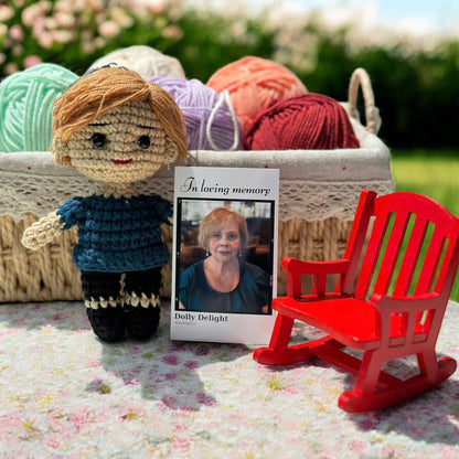 Dolly® Personalized Crochet Doll: Memorial Rocking Chair & Photo Card Edition